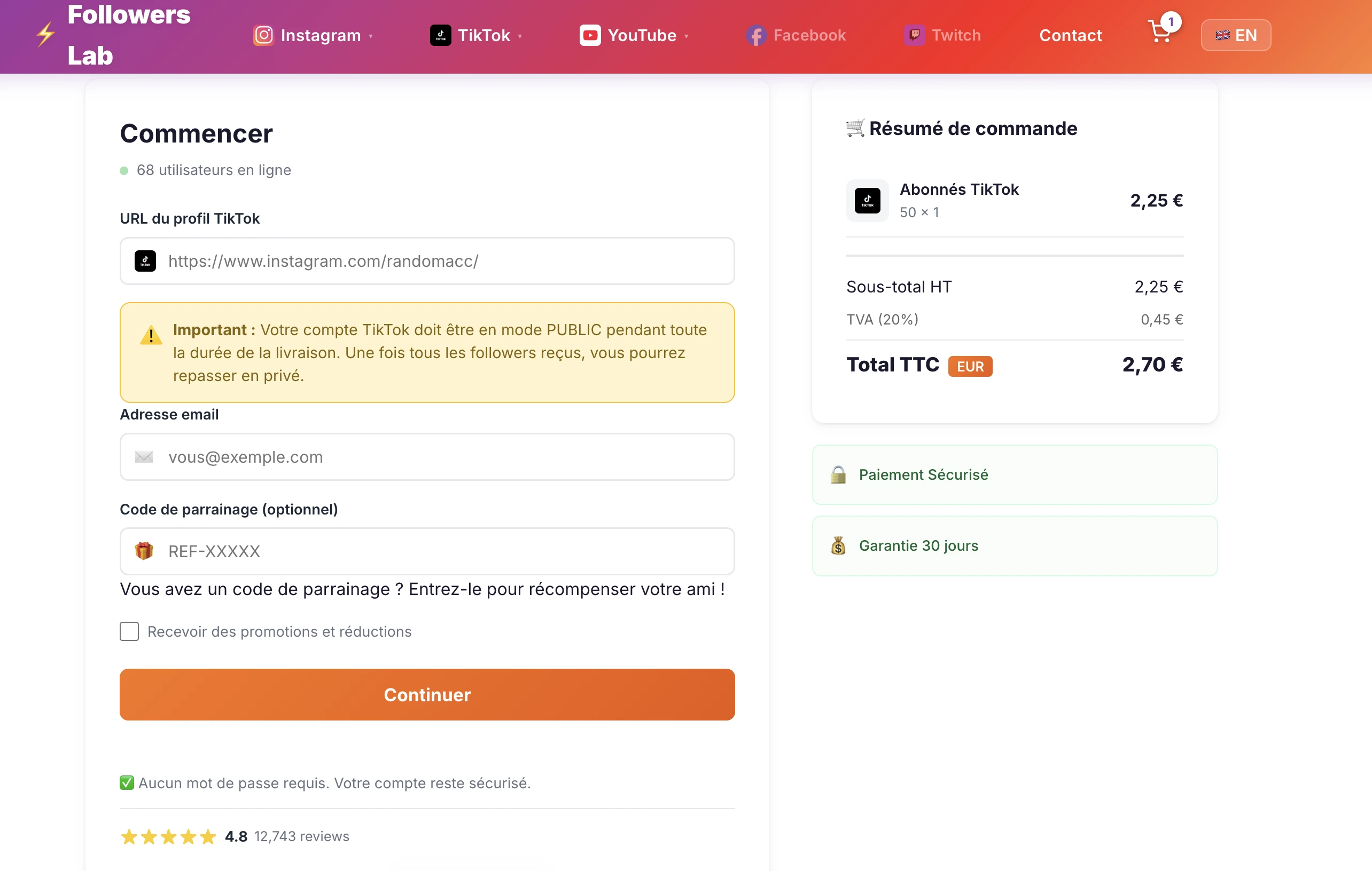 Checkout to buy TikTok followers on Followers-Lab